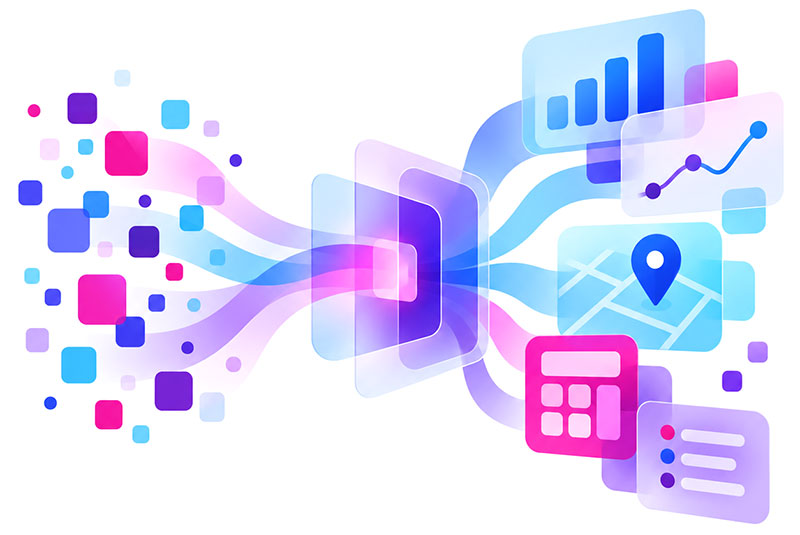 Scattered data flowing through SoVery and coming out as charts, a map and a calculator